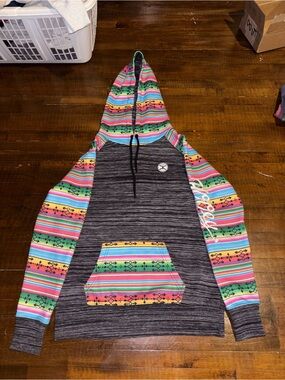 Hooey Gray Hoodie with Vibrant Aztec Accent